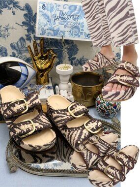 🆕 LOEFFLER RANDALL 🧿 NWOB Nico Two−Band Platform Sandal, Cream Zebra - Sz US 7